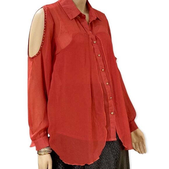 NEW Button Down Full Collar Long Spliced Studded Sleeves Shirt - Picture 2 of 4